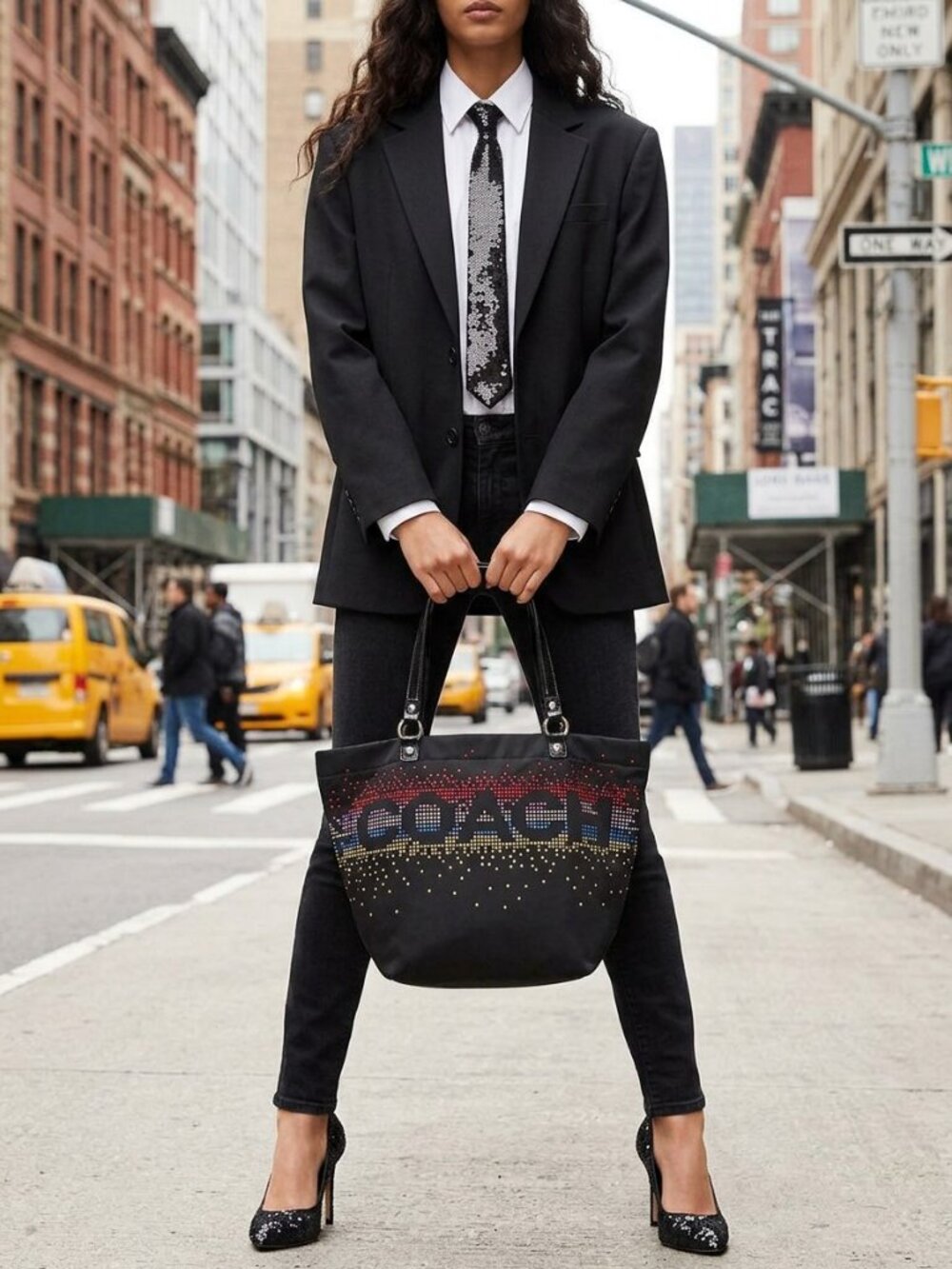 COACH Special Edition Holiday Tote Black Satin-Multicolored Rhinestones
